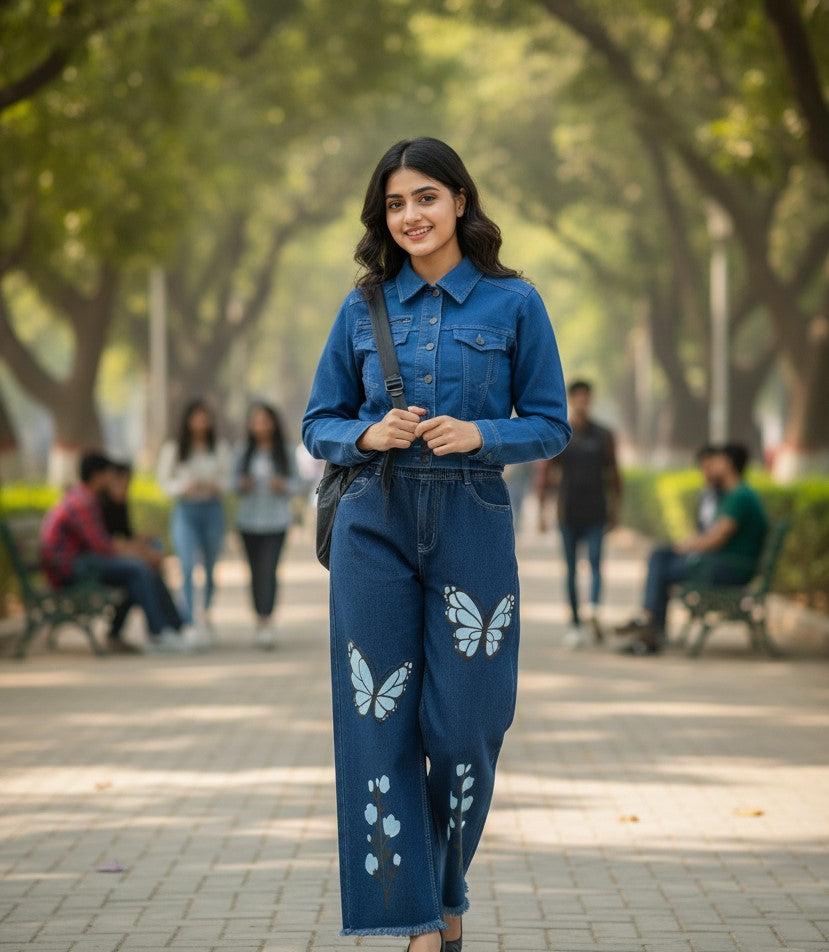 Trendy Blue Denim Set for Women – Cropped Jacket & Butterfly Print Jeans