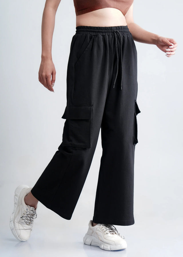 Women’s Cargo Jeans – Flapper Style | Wide Leg High Waist Pants Black color