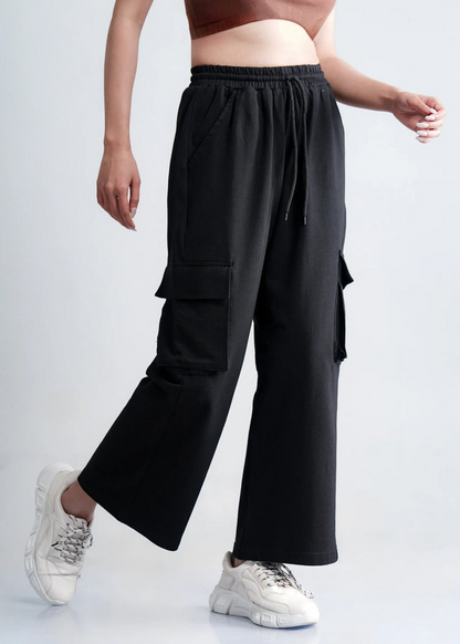 Women’s Cargo Jeans – Flapper Style | Wide Leg High Waist Pants Black color