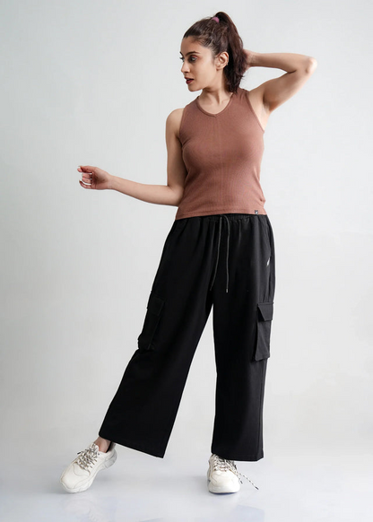 Women’s Cargo Jeans – Flapper Style | Wide Leg High Waist Pants Black color