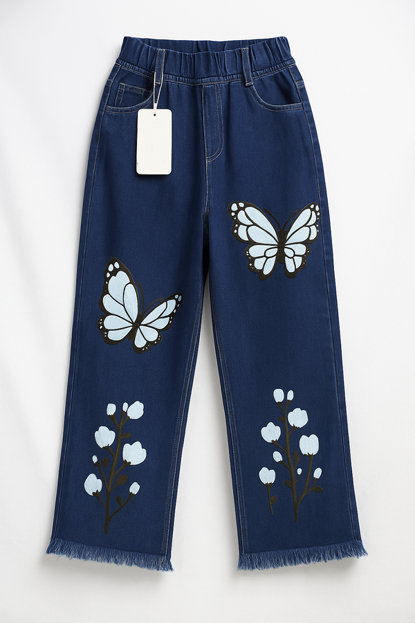 Butterfly Printed Wide Leg High Waist Baggy Jeans