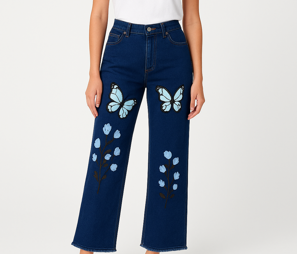 Butterfly Printed Wide Leg High Waist Baggy Jeans
