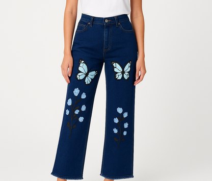 Butterfly Printed Wide Leg High Waist Baggy Jeans