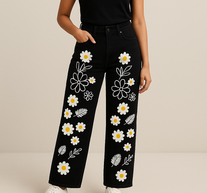 Black Flower Printed Wide Leg baggy Jeans