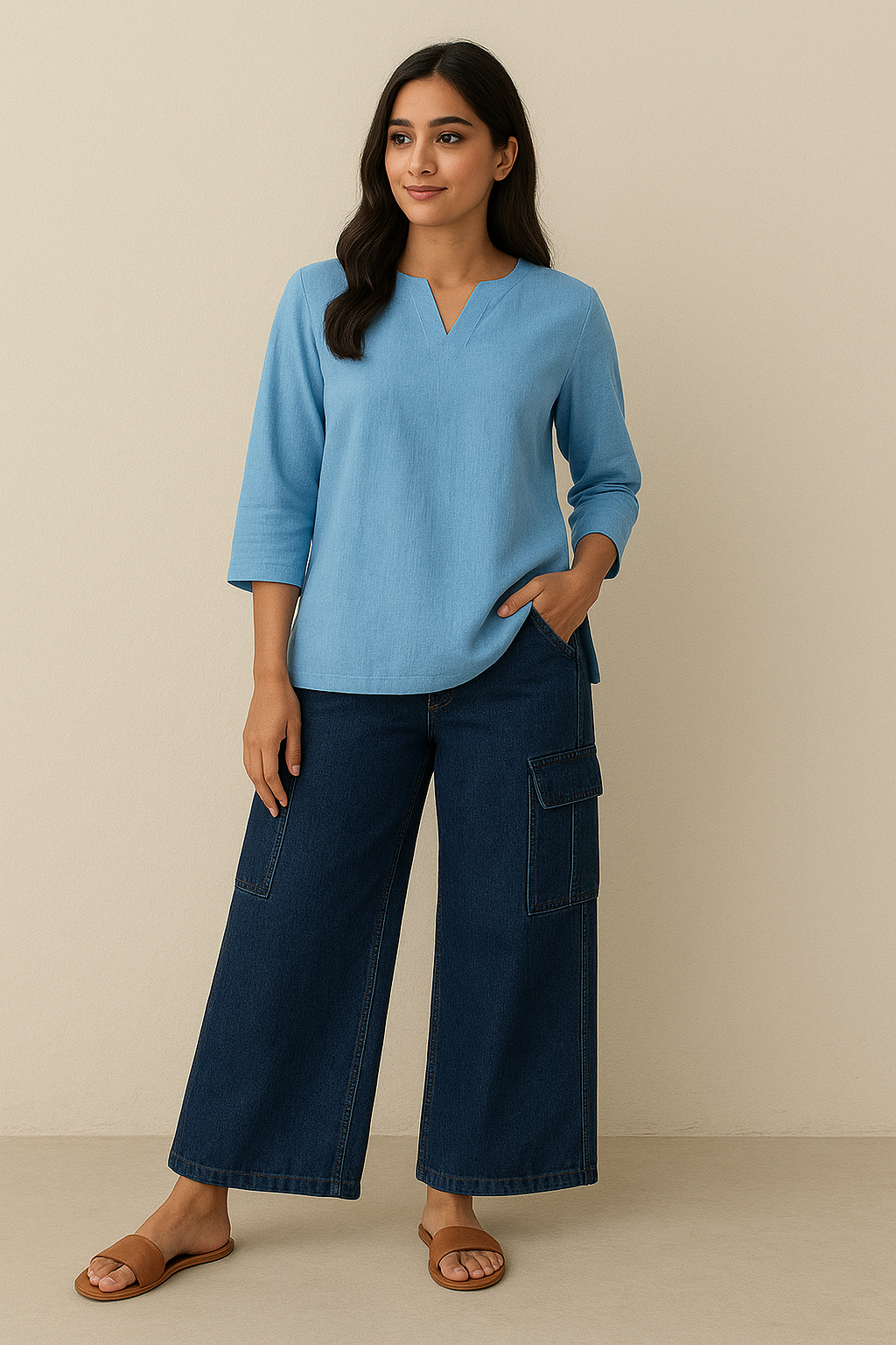 Women’s Cargo Jeans – Dark Blue Flapper Style | Wide Leg High Waist Pants