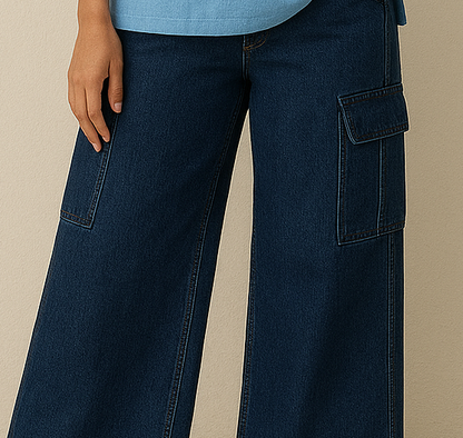 Women’s Cargo Jeans – Dark Blue Flapper Style | Wide Leg High Waist Pants