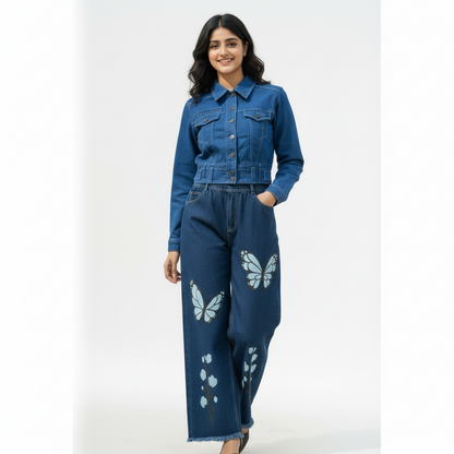 Trendy Blue Denim Set for Women – Cropped Jacket & Butterfly Print Jeans