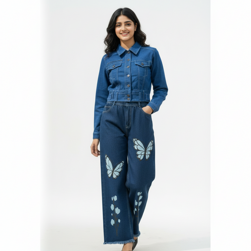 Trendy Blue Denim Set for Women – Cropped Jacket & Butterfly Print Jeans