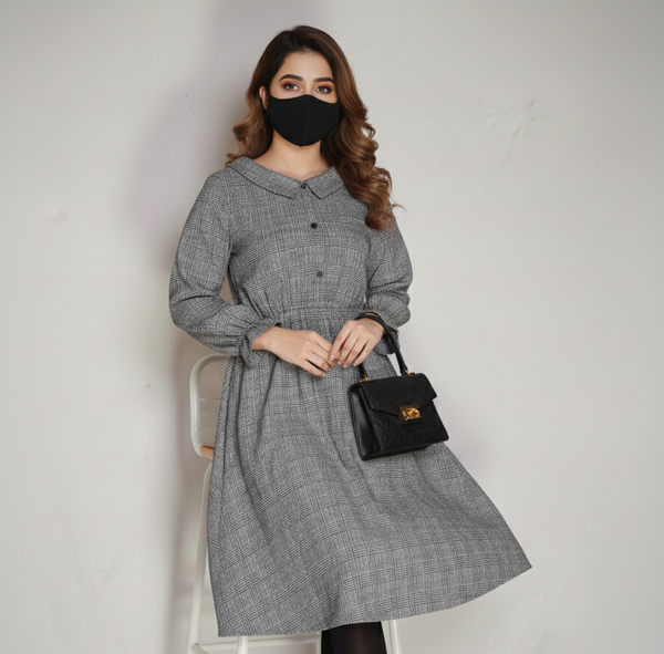 Classy Grey Plaid Midi Dress