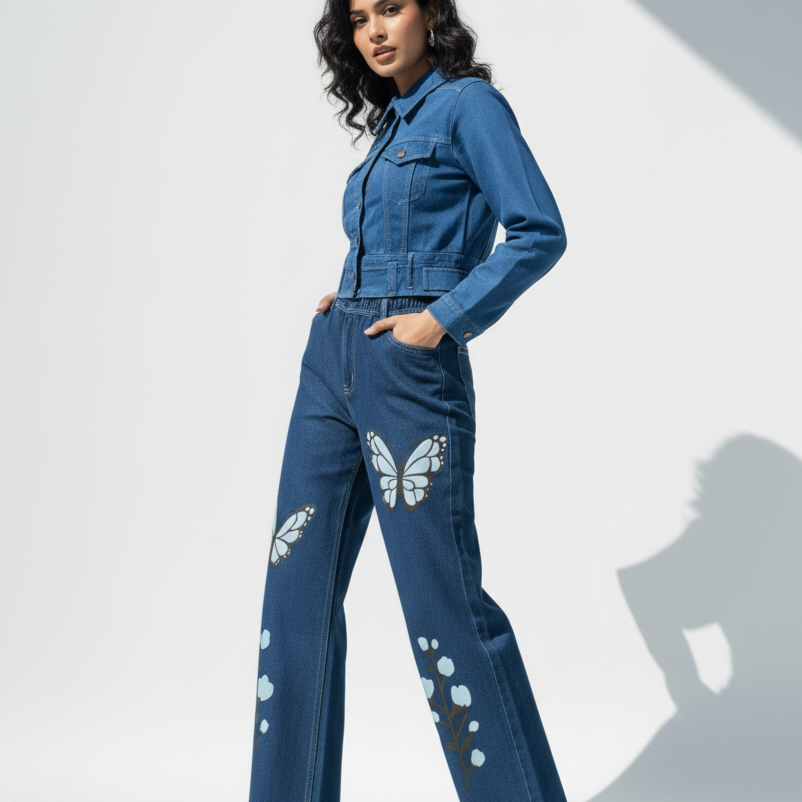 Trendy Blue Denim Set for Women – Cropped Jacket & Butterfly Print Jeans