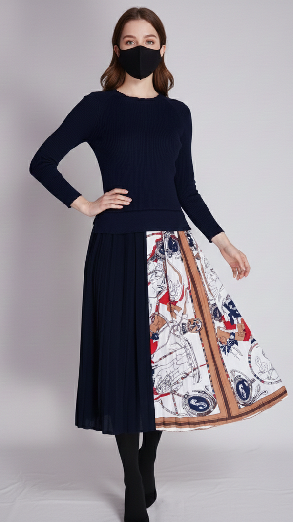 Navy Ribbed Top & Patchwork Skirt Set