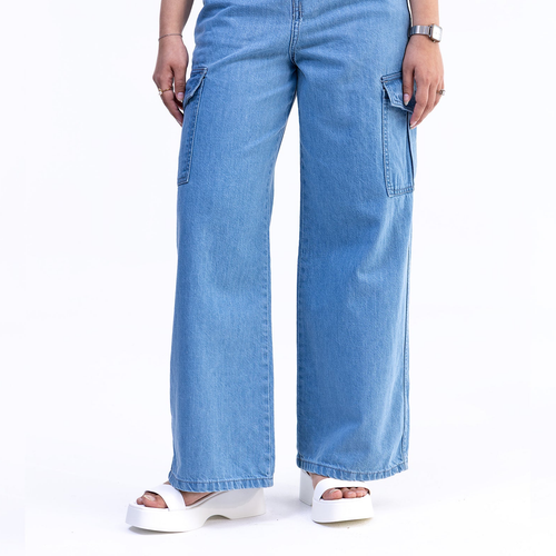 Women’s Cargo Jeans – light Blue Flapper Style | Wide Leg High Waist Pants